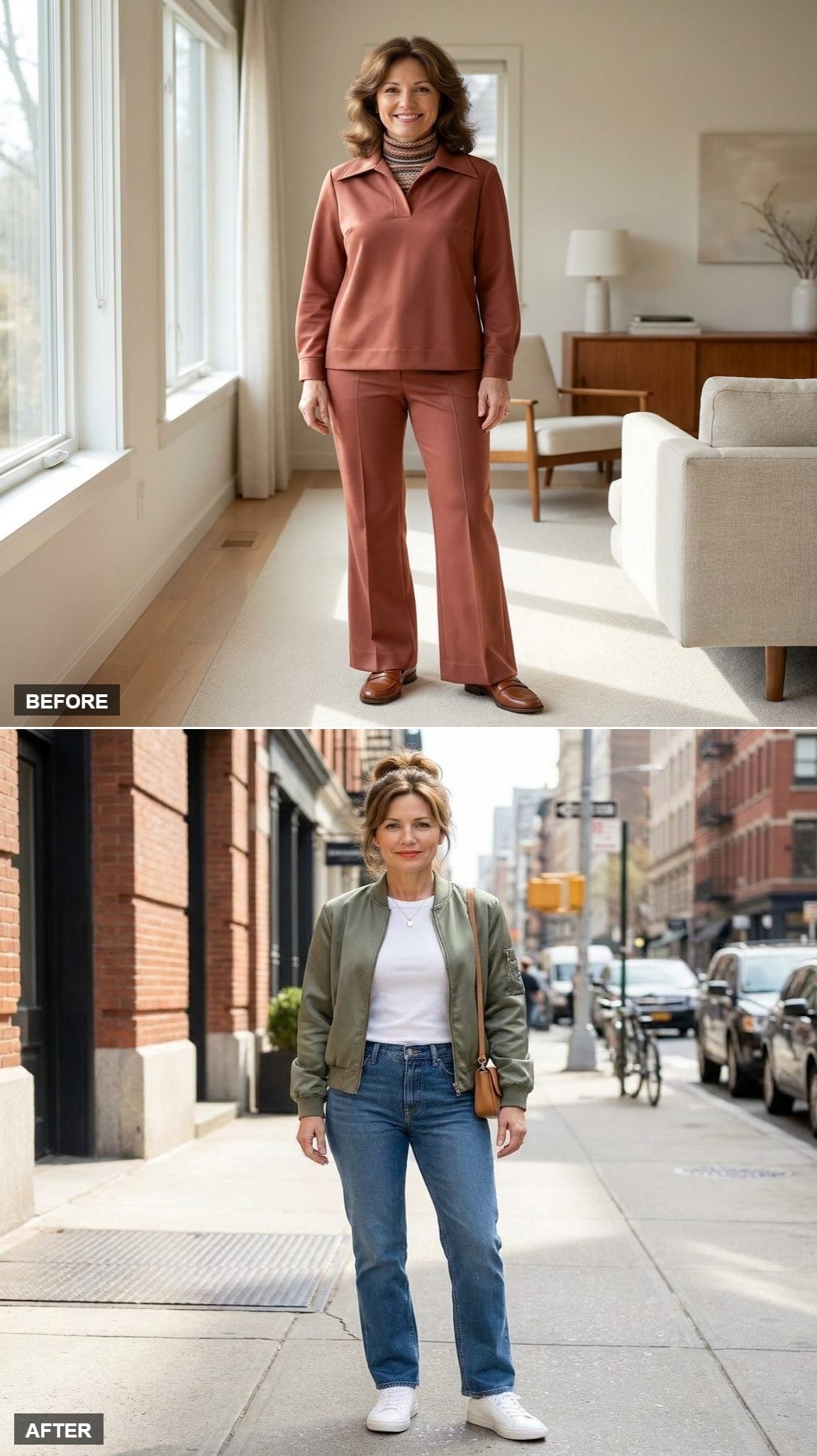 Urban Sunday in a Soft Olive Bomber Jacket, White Fitted Tee, Straight Jeans, and Clean White Trainers