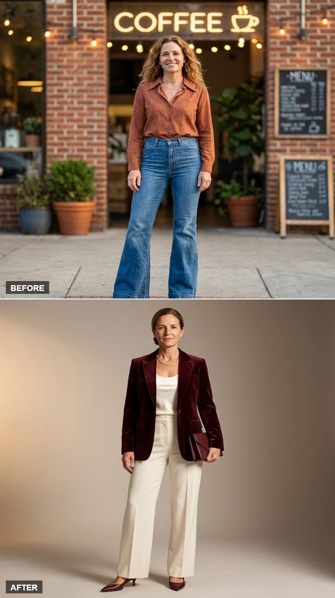 Velvet Blazer Power Dressing in Burgundy and Wide-Leg Trousers