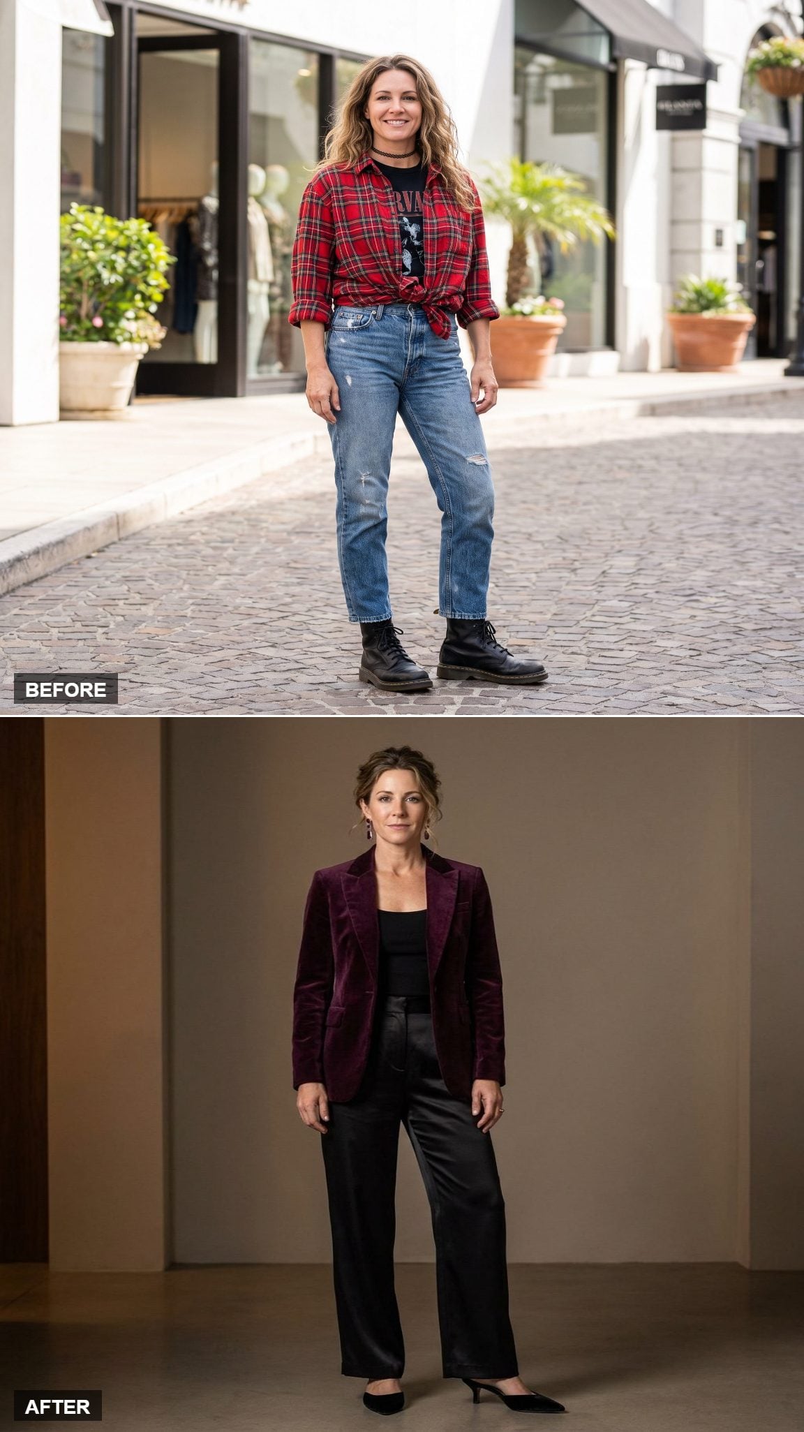 Deep plum velvet blazer with black satin trousers and kitten-heel mules