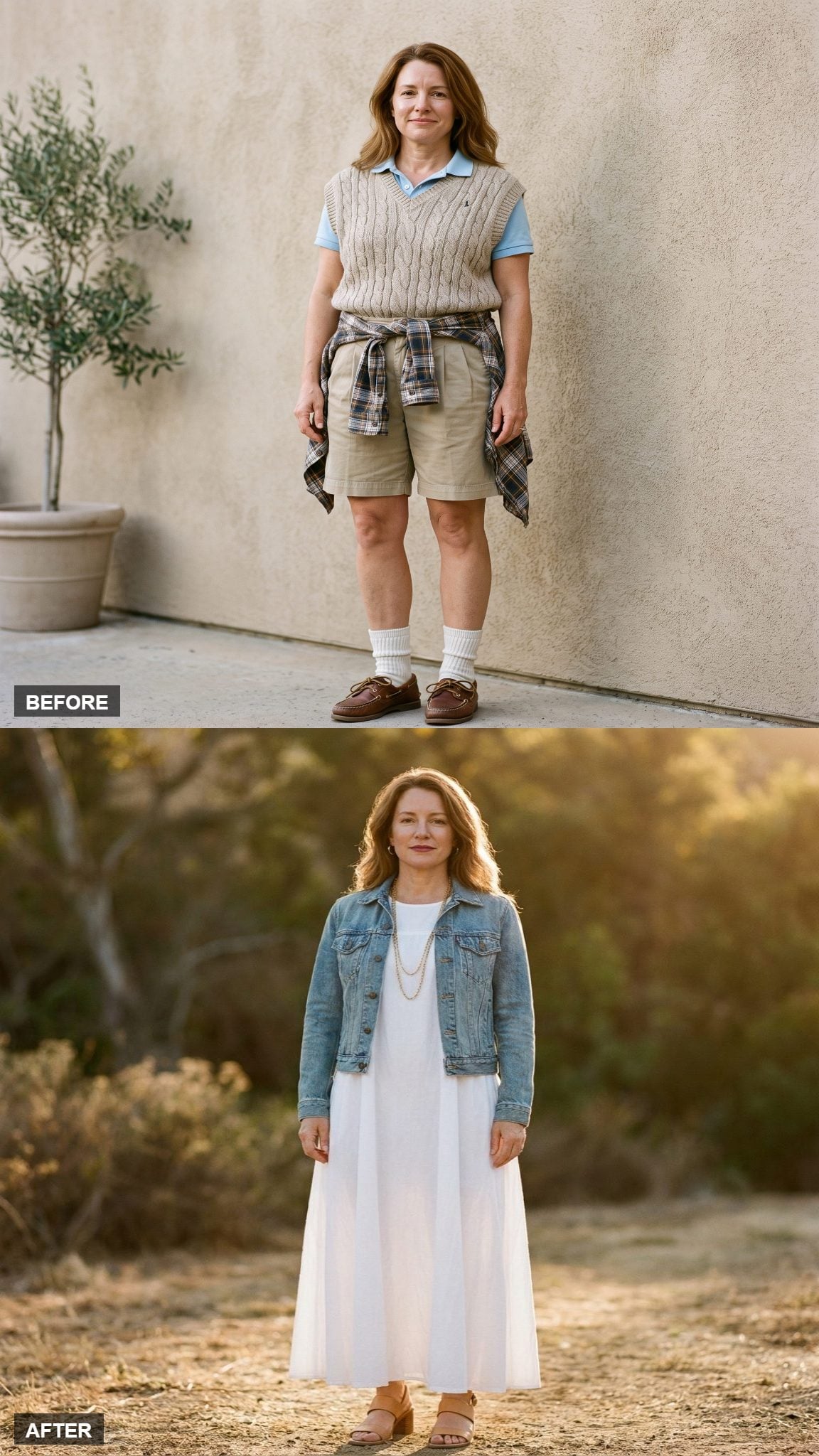 Vintage Wash Denim Jacket Over a White Maxi Dress and Block-Heel Sandal