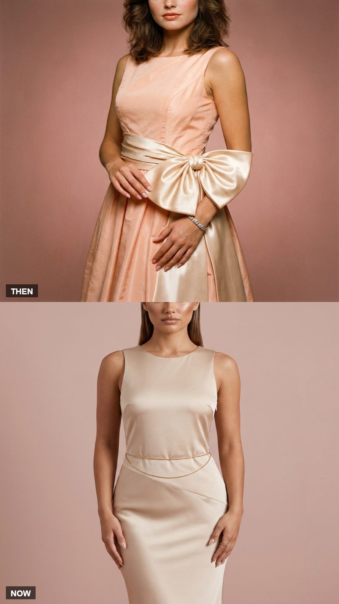 Wide 1980 prom sash compared with subtle modern waist definition