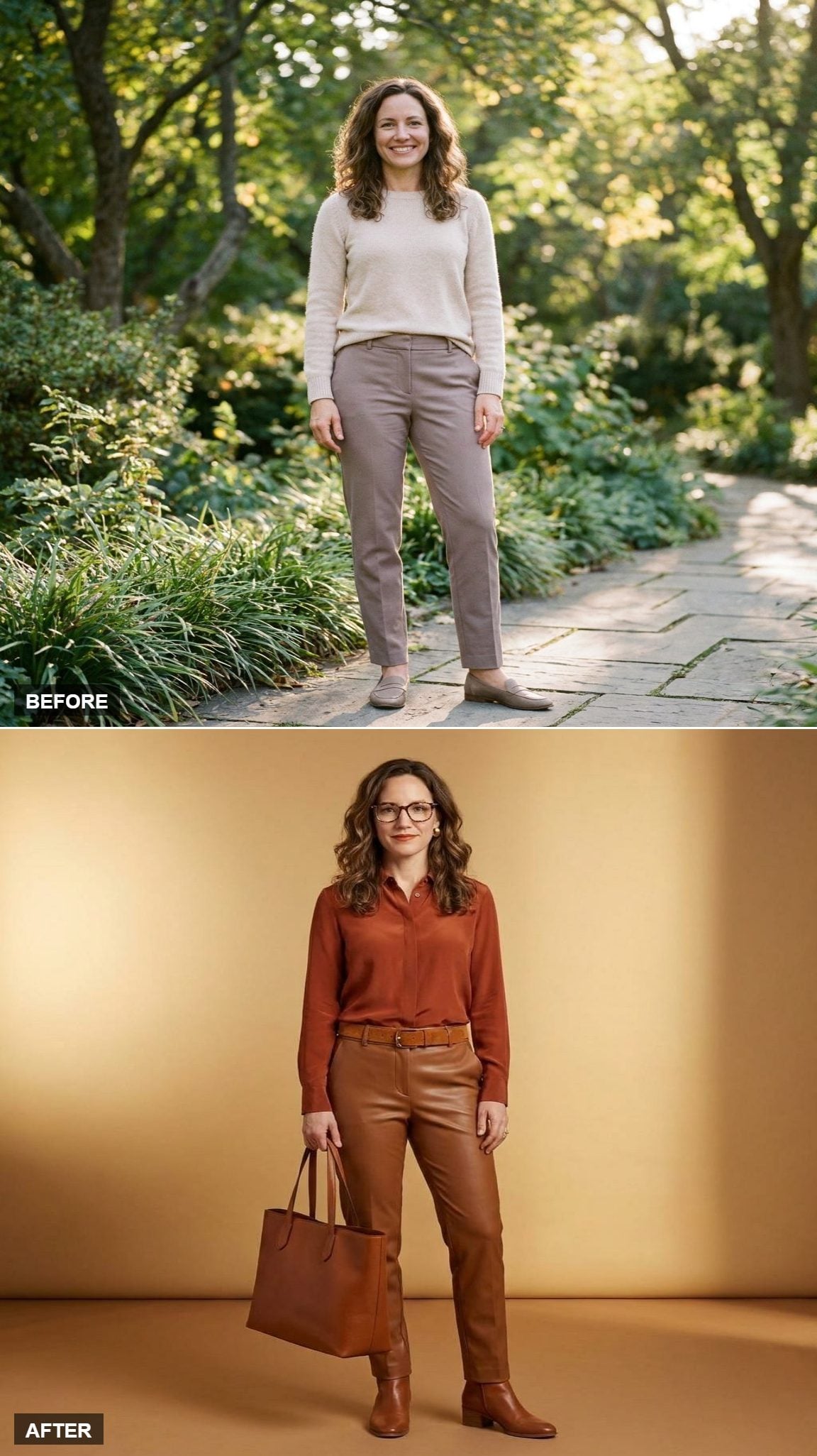 Warm Autumn Ritual in Cognac Leather, Rust Silk, and Tortoiseshell Frames