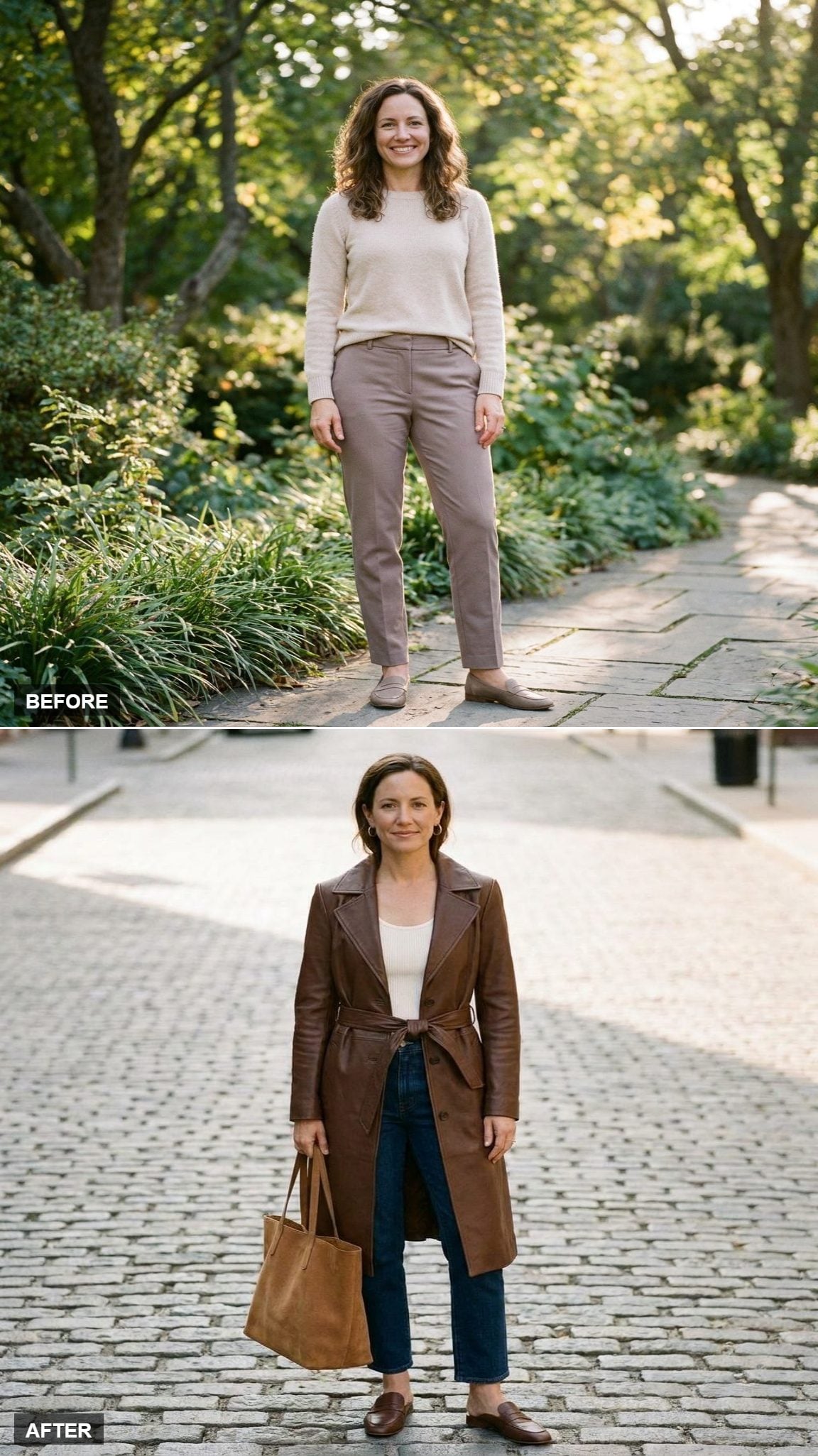 Warm Chocolate Leather Trench, Ivory Ribbed Tank, Straight Cropped Jeans, and Mule Loafers