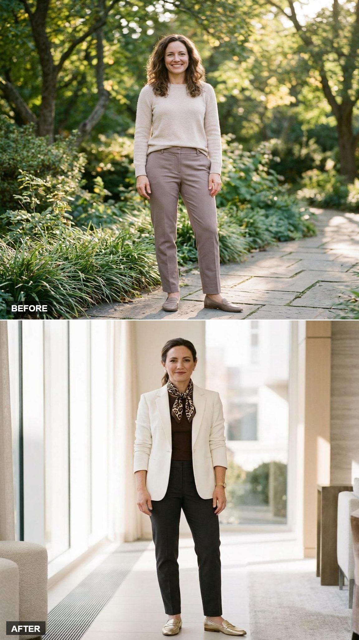 Warm Ivory Structured Blazer, Leopard Print Scarf, Dark Trousers, and Gold Loafers for a Weekday With Somewhere to Be