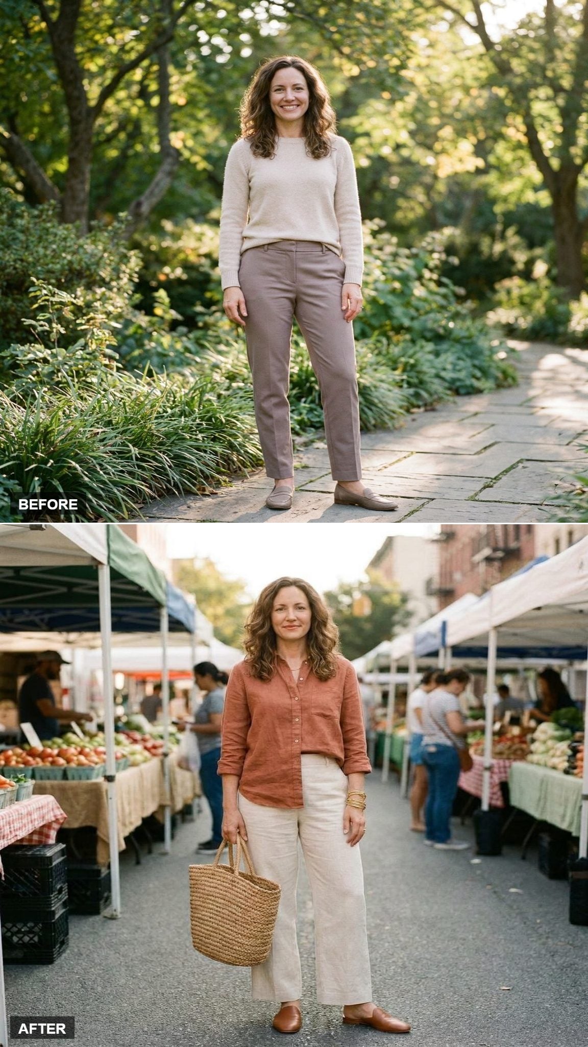 Warm Terracotta Linen and Cognac Mules for a Saturday Market Run