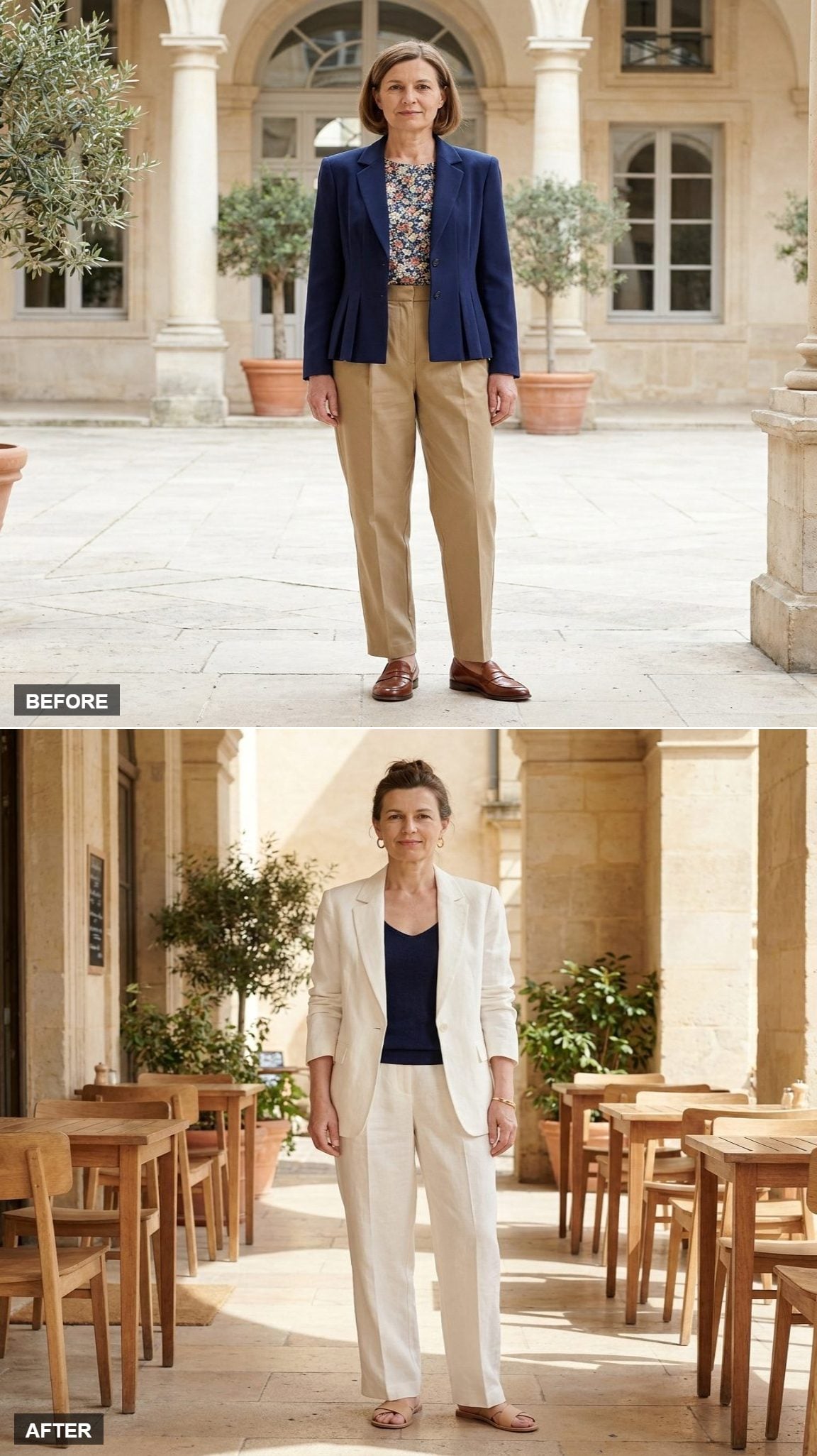 Warm-Weather Work in a White Linen Wide-Leg Suit, a Fine-Knit Navy Cami Underneath, and Nude Leather Sandals