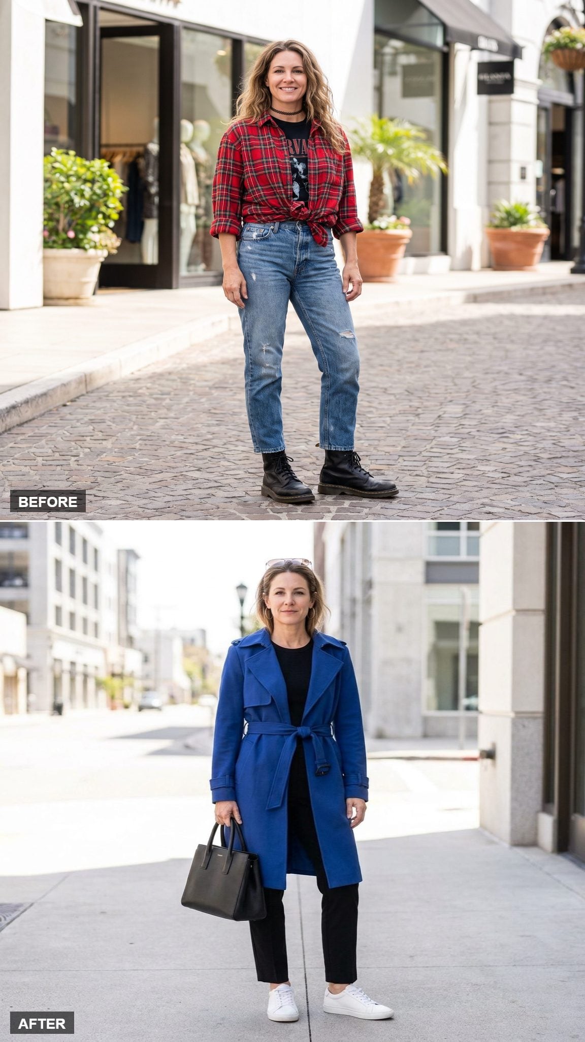 Cobalt trench coat with slim black pants and white sneakers