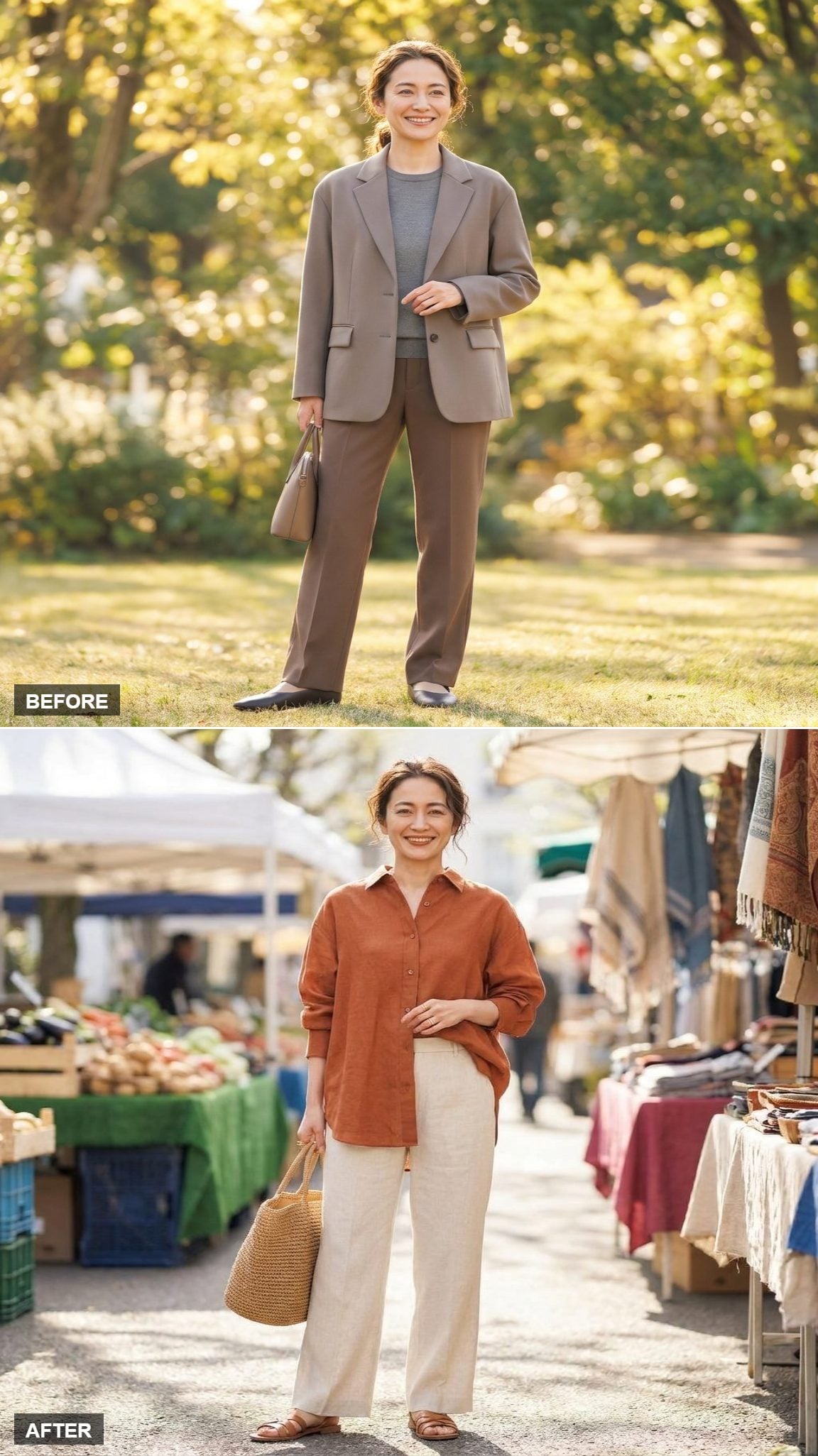 Weekend Artisan in a Rust Linen Shirt, Wide-Leg Trousers, and Leather Sandals