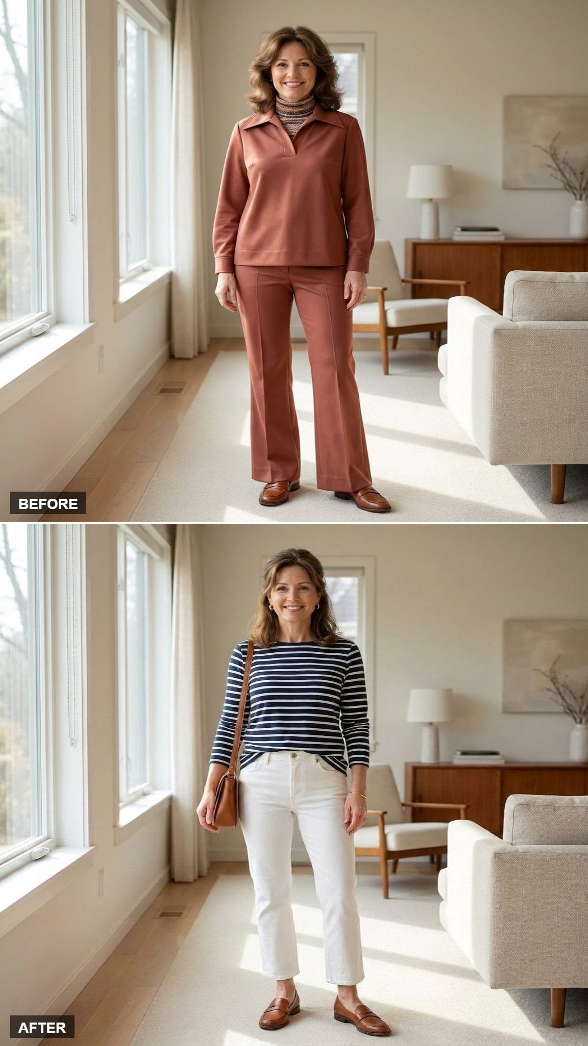 Weekend Brunch Confidence in a Striped Breton Top, Cropped White Jeans, and Cognac Loafers