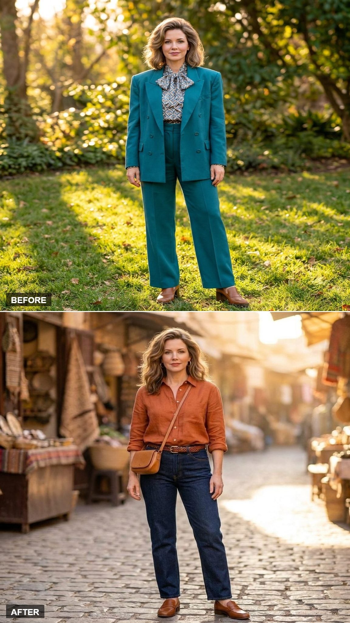 Weekend Farmer's Market in a Rust Linen Shirt, Dark Jeans, and Cognac Loafers