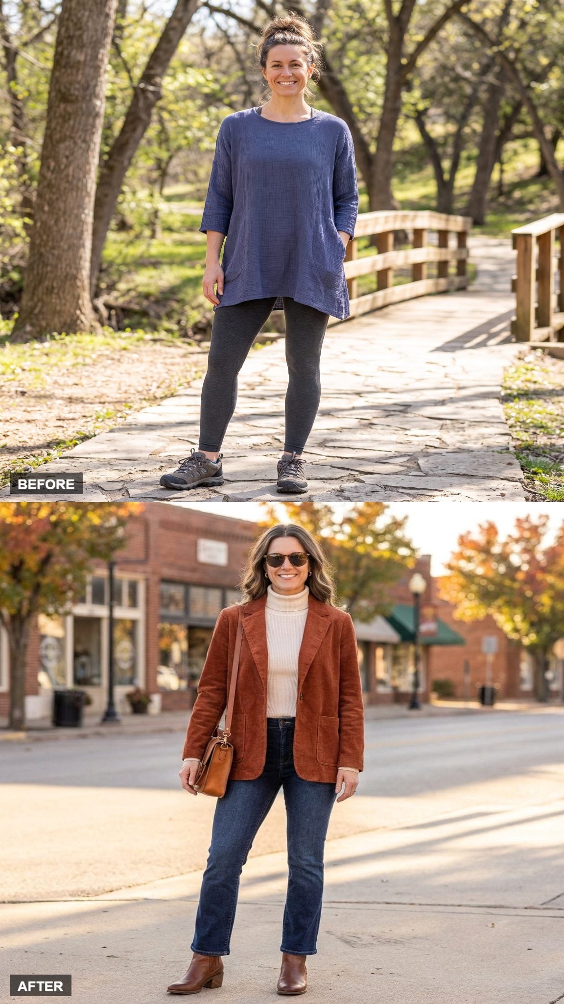 Weekend Getaway in a Rust Corduroy Blazer, Cream Turtleneck, and Dark Bootcut Jeans