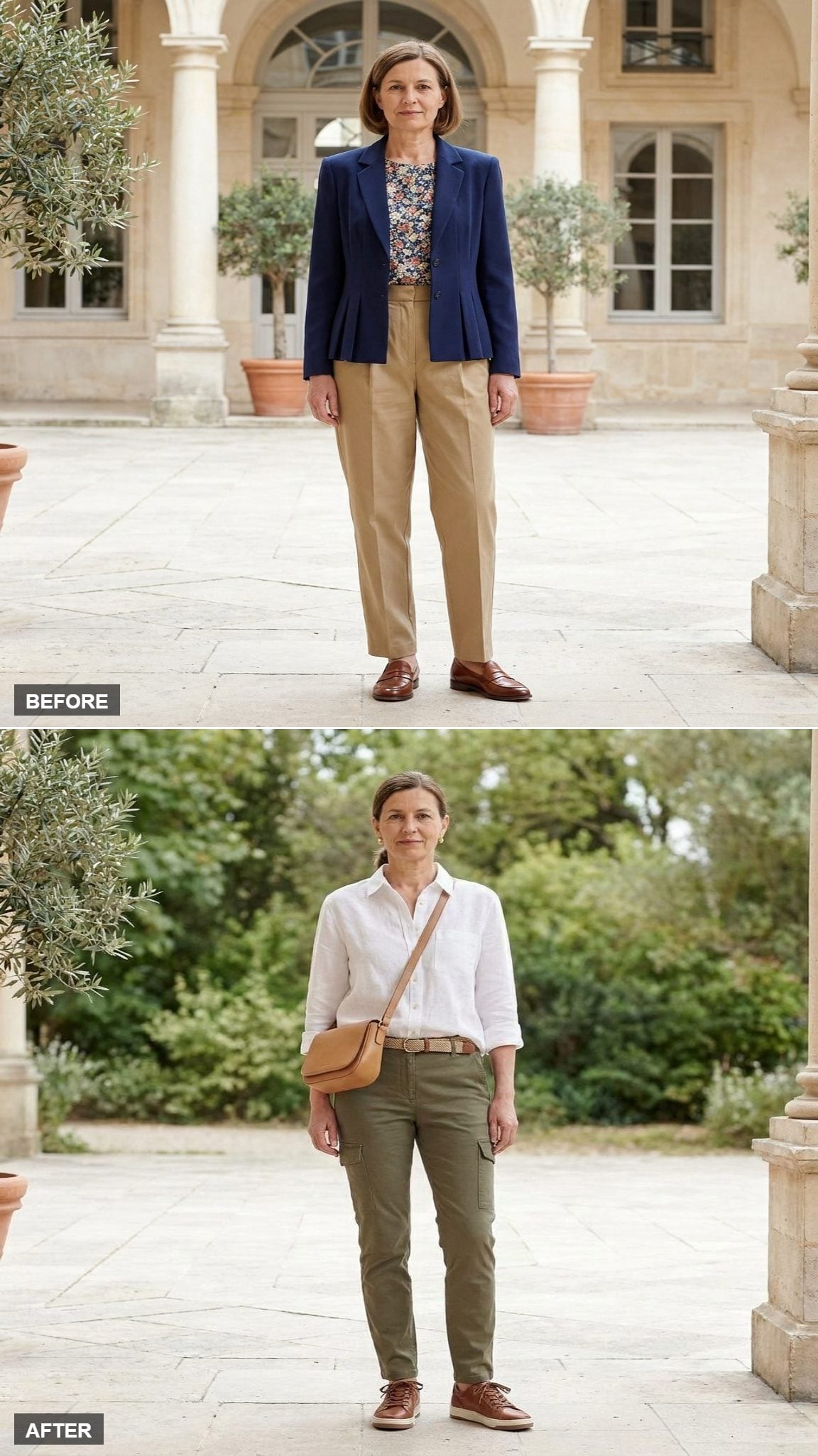 Weekend Walk in Olive Cargo Pants, a White Linen Shirt, and Brown Leather Sneakers