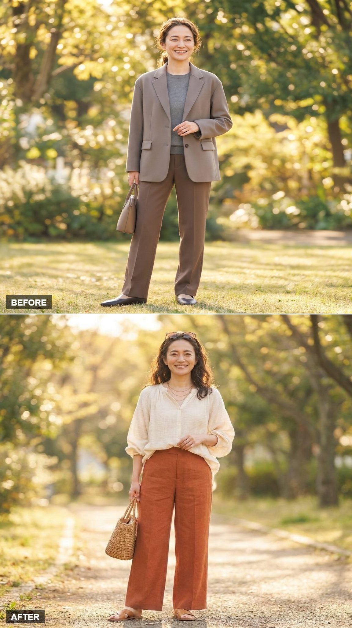 Weekend Market Morning in Rust Linen Pants and a Cream Gauze Blouse