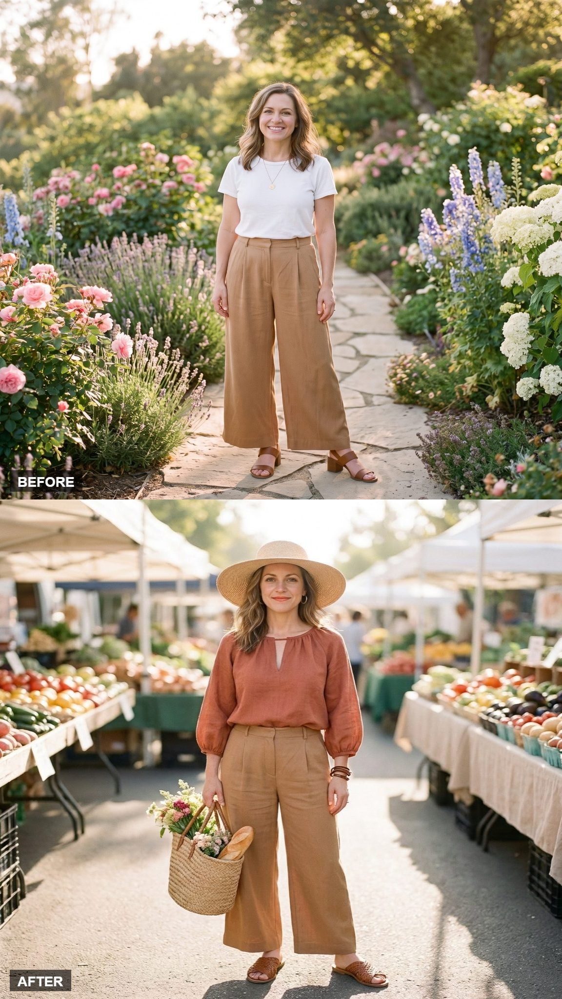 Saturday Market in a Terracotta Linen Blouse and Straw Hat