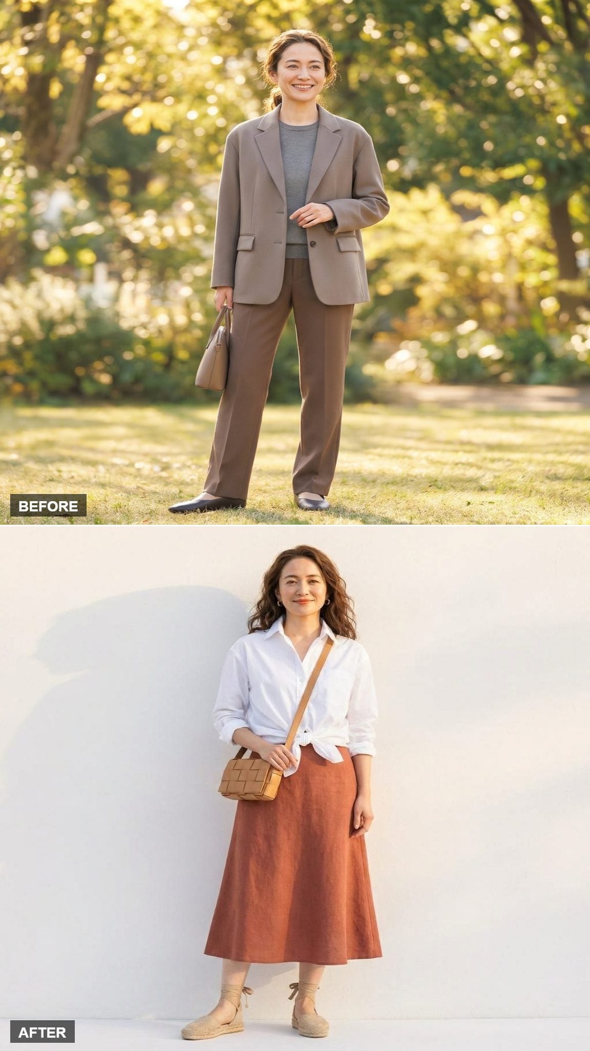 Weekend Sophistication in a White Poplin Shirt, Terracotta Linen Skirt, and Espadrilles