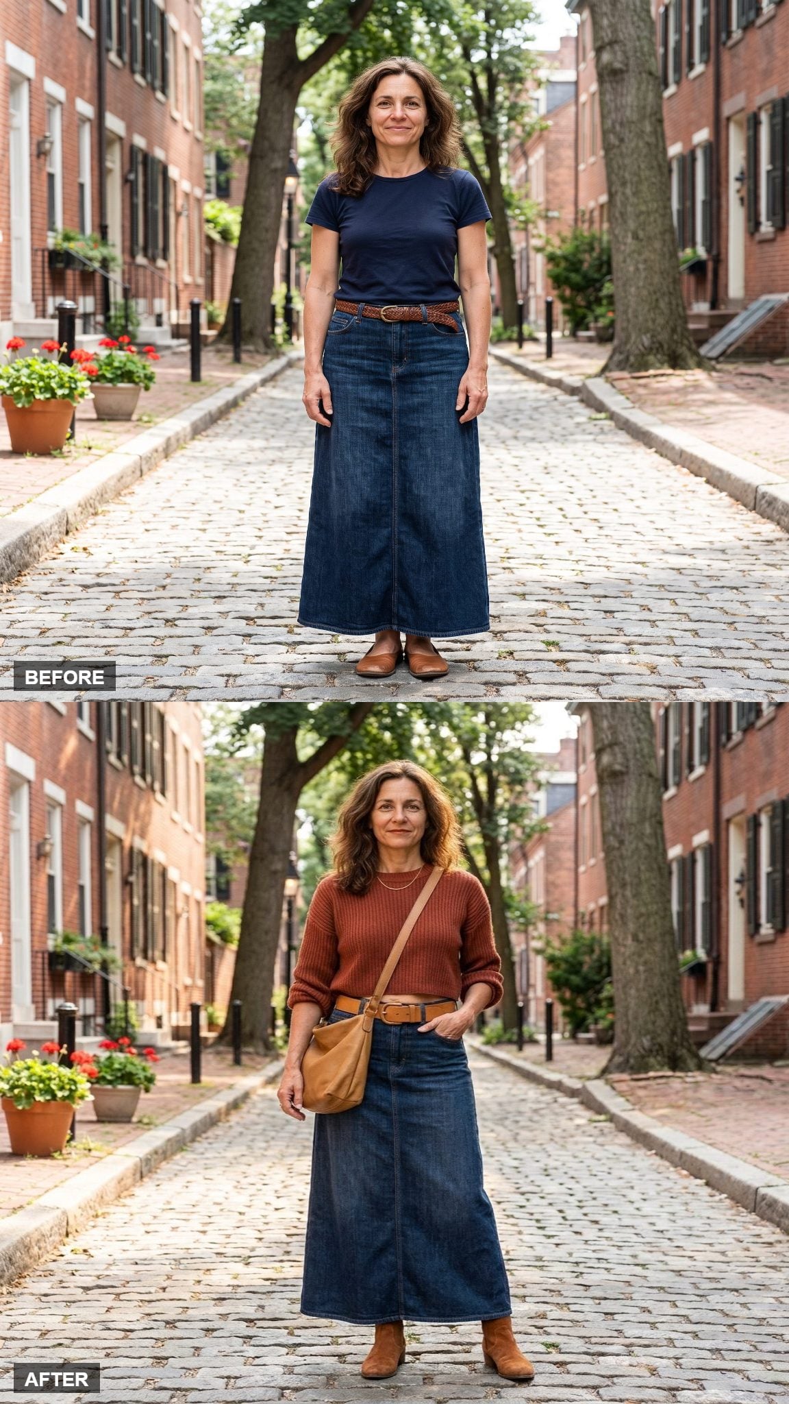 Weekend Wanderer in a Cropped Rust Knit and Leather Belt