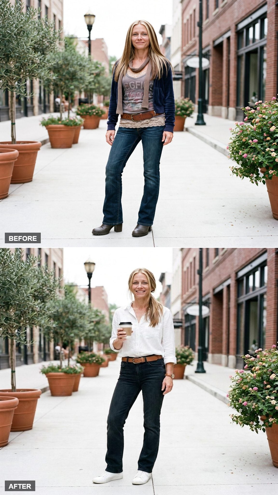 White Button-Down, Dark High-Rise Straight-Leg Denim, White Leather Sneakers, and a Tan Leather Bag That Make Saturday Look