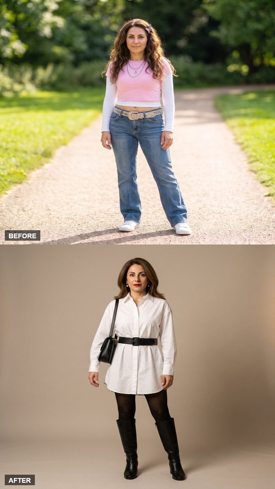 White Poplin Oversized Shirt Dress With a Black Leather Belt, Black Tights, and Knee-High Boots