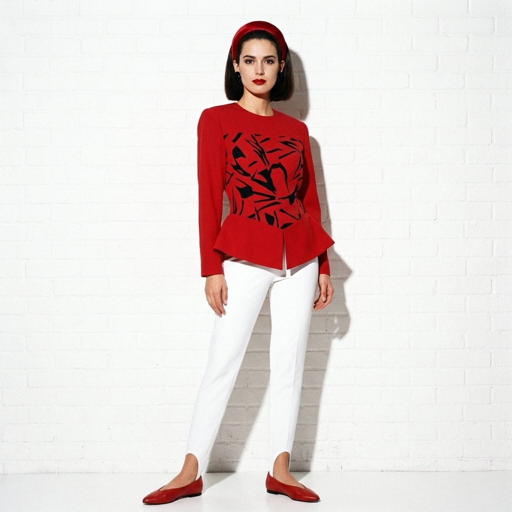 The White Stirrup Pant With a Bold Red Graphic Peplum Top and the Matching Red Flats That Closed the Loop Completely