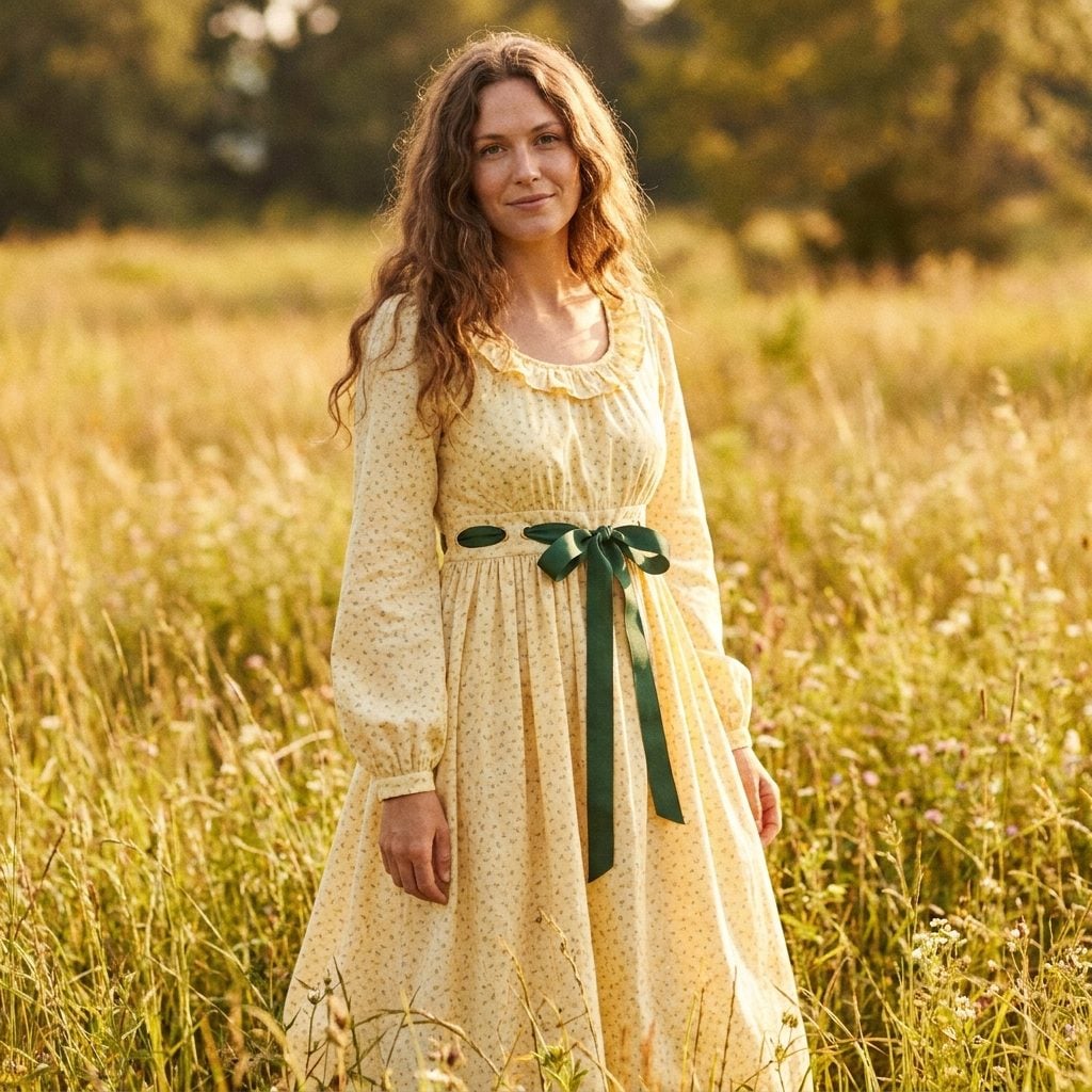 Yellow prairie dress with wide green ribbon threaded through the waist