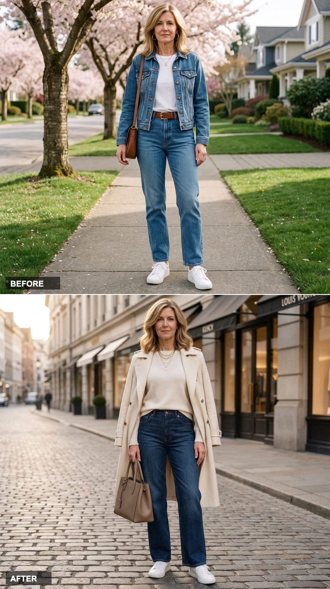 Wide-Leg Dark Wash Denim, a Cream Trench, and Layered Gold Necklaces in Modern Quiet Luxury