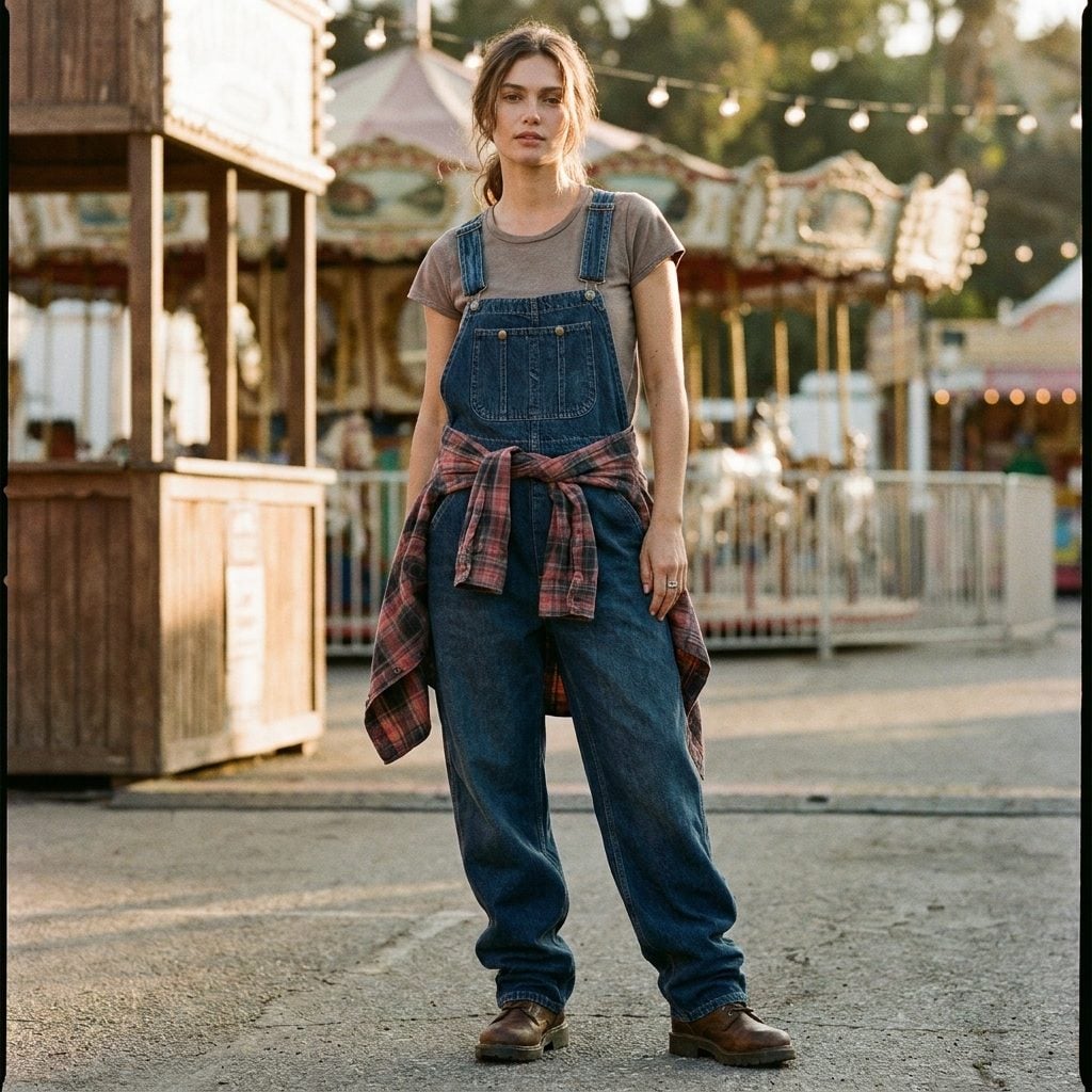 Wide-Leg Denim Overalls With a Flannel Tied at the Waist