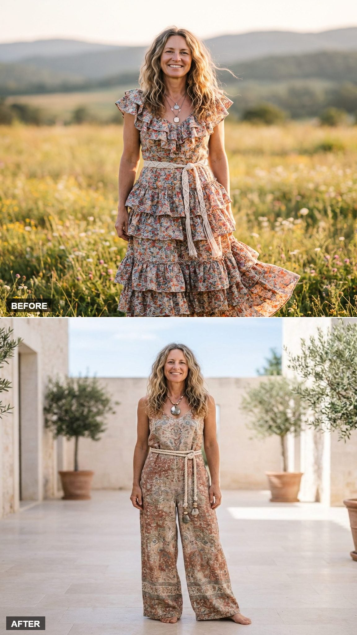 Wide-Leg Linen Jumpsuit in Earth-Tone Print with Rope Belt and Stone Pendant