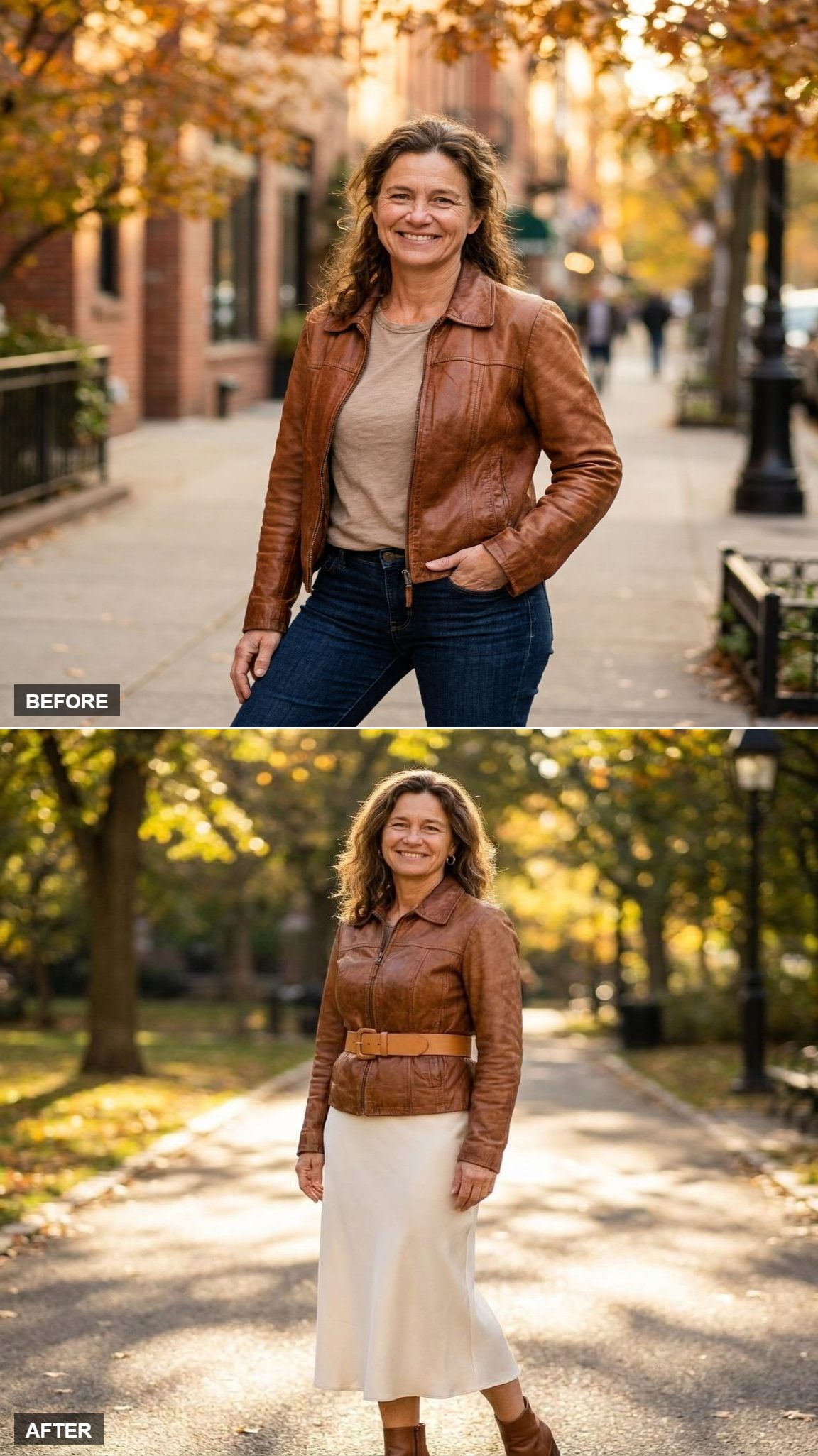 The Wide Tan Leather Belt Trick: Jacket Zipped Over an Ivory Midi Skirt