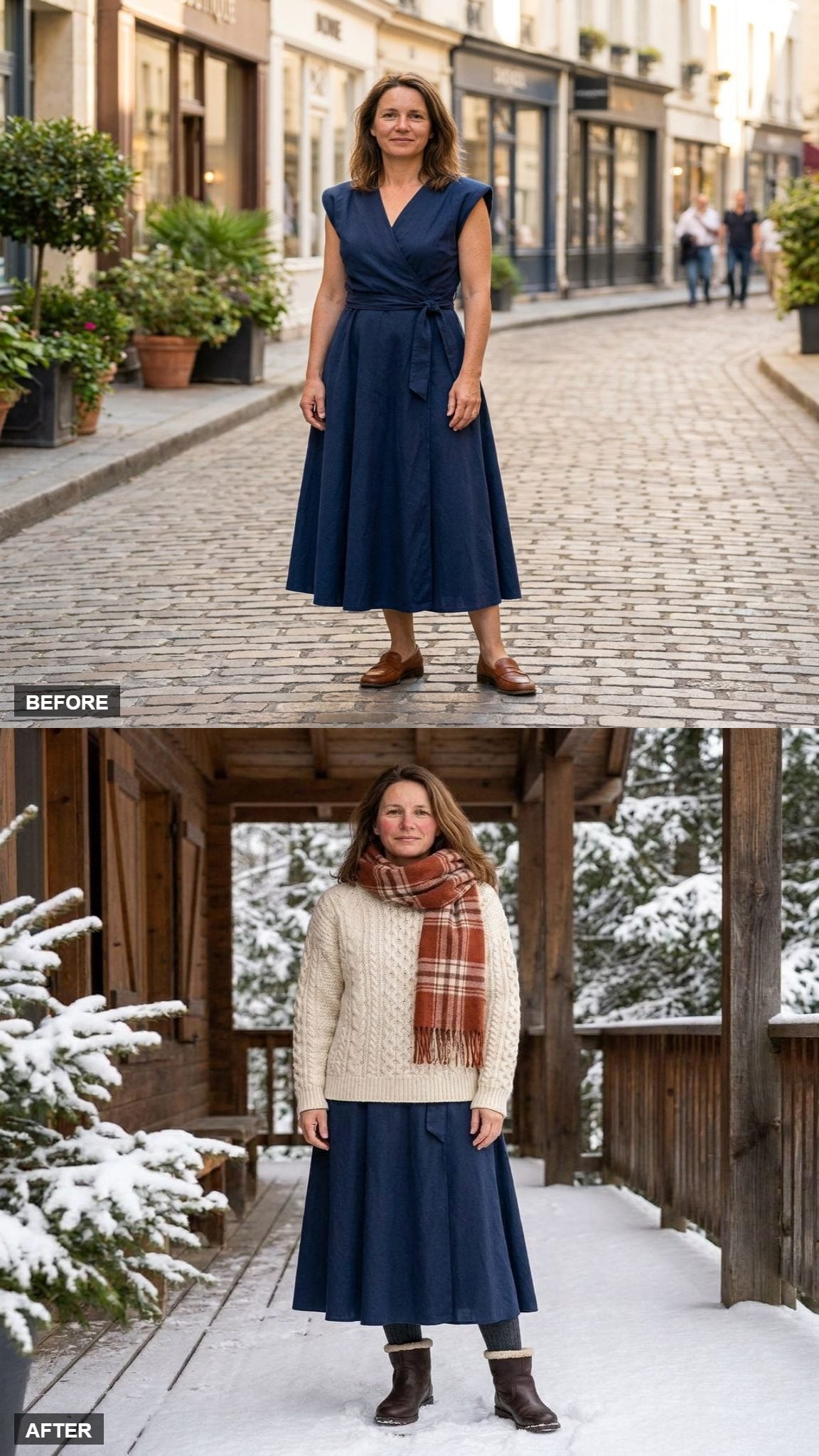 Winter Cabin Weekend With a Chunky Fisherman Sweater, Wool Tights, and Shearling-Lined Boots