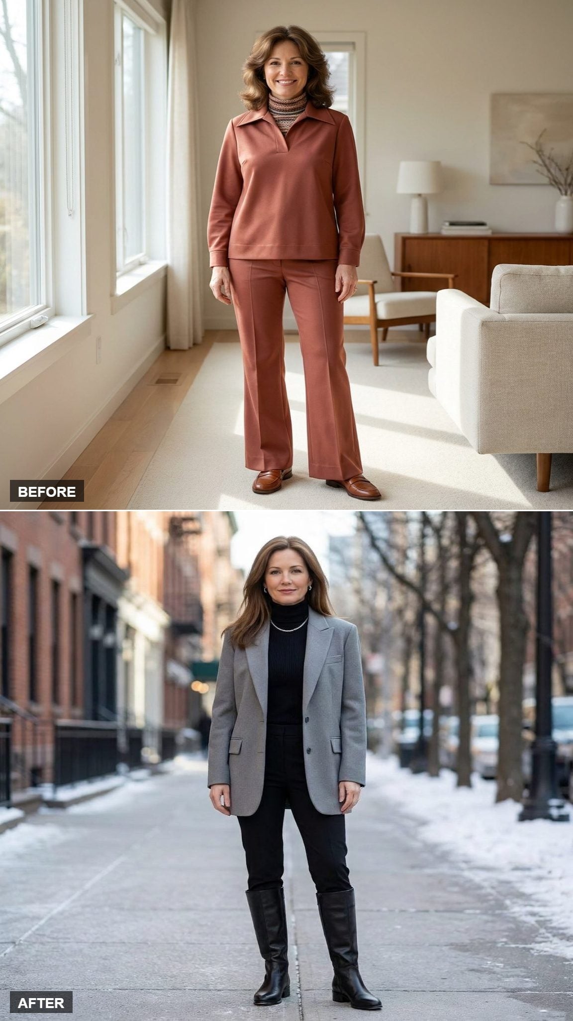 Winter City Edit in a Dove Grey Oversized Blazer, Black Turtleneck, Slim Black Trousers, and Knee-High Leather Boots