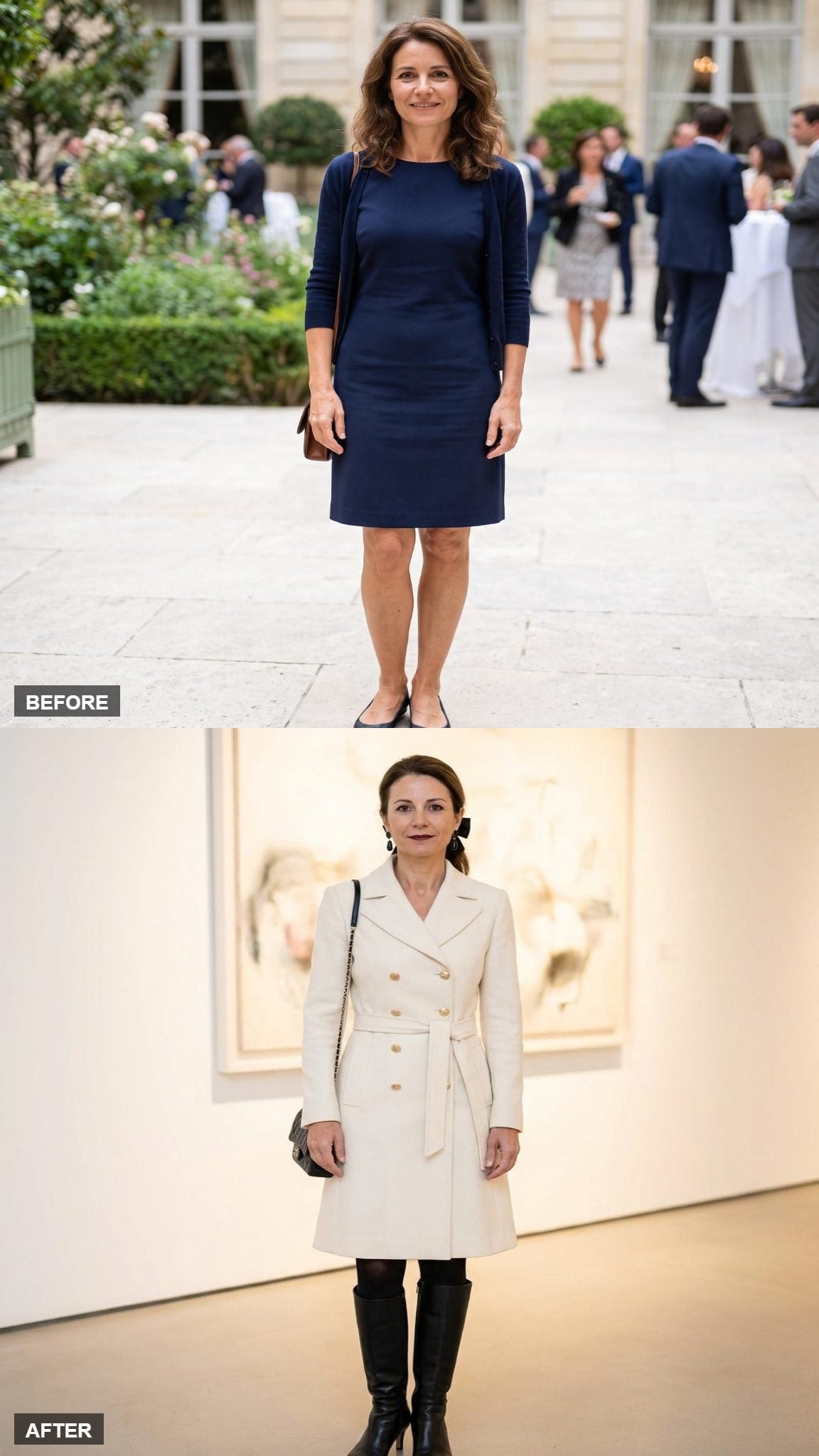 Winter Gallery Opening in Ivory Wool Coat Dress
