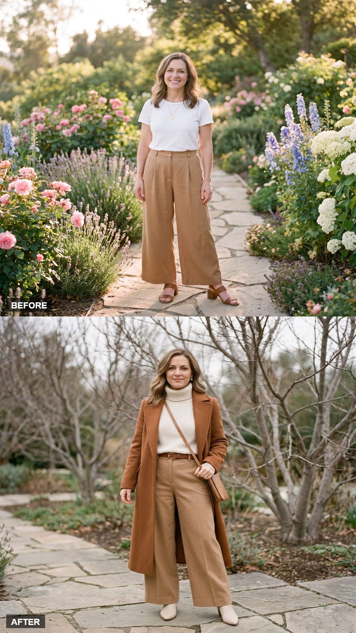 Winter Warmth in a Cream Turtleneck and Long Cognac Coat