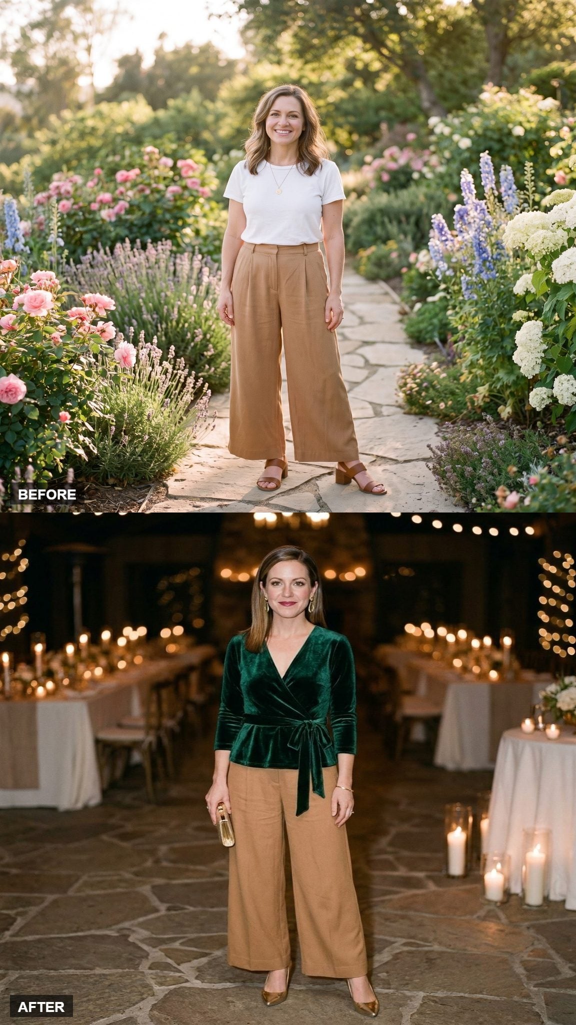 Winter Wedding Guest in an Emerald Velvet Wrap Top