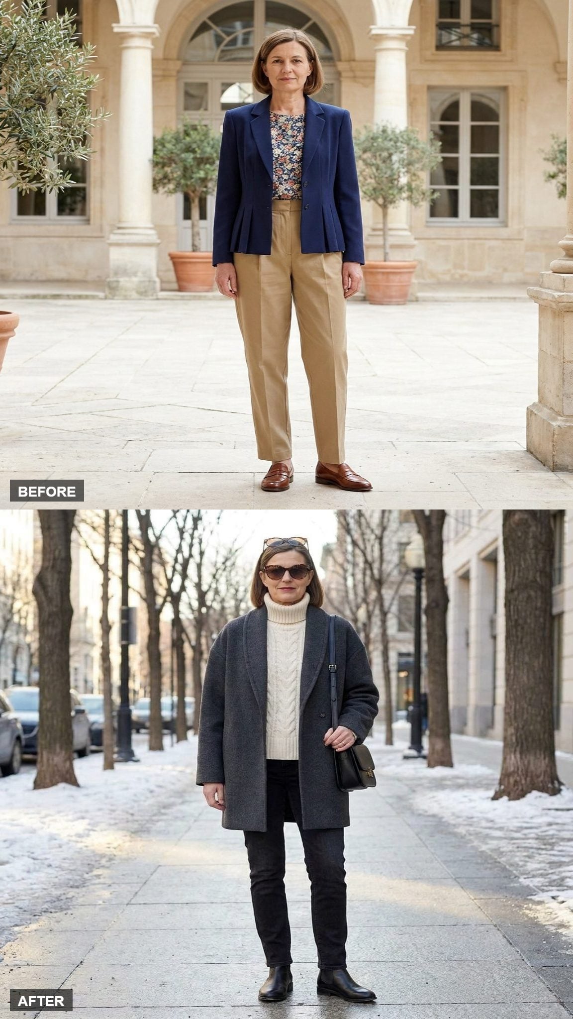 Winter Weekday in a Charcoal Cocoon Coat, Ivory Chunky Turtleneck, Slim Black Jeans, and Chelsea Boots