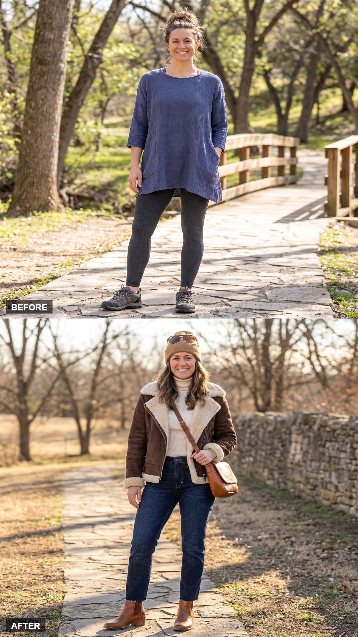 Winter Weekend in the Country in a Shearling-Collar Jacket, Cream Ribbed Turtleneck, and Dark Wash Straight Jeans
