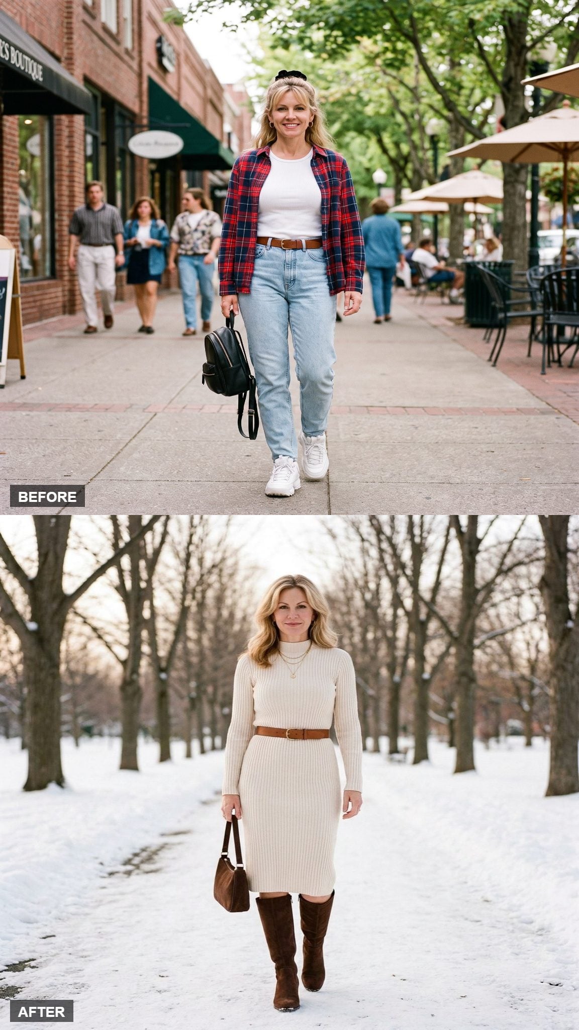 Winter White Knit Dress and Tall Chocolate Boots