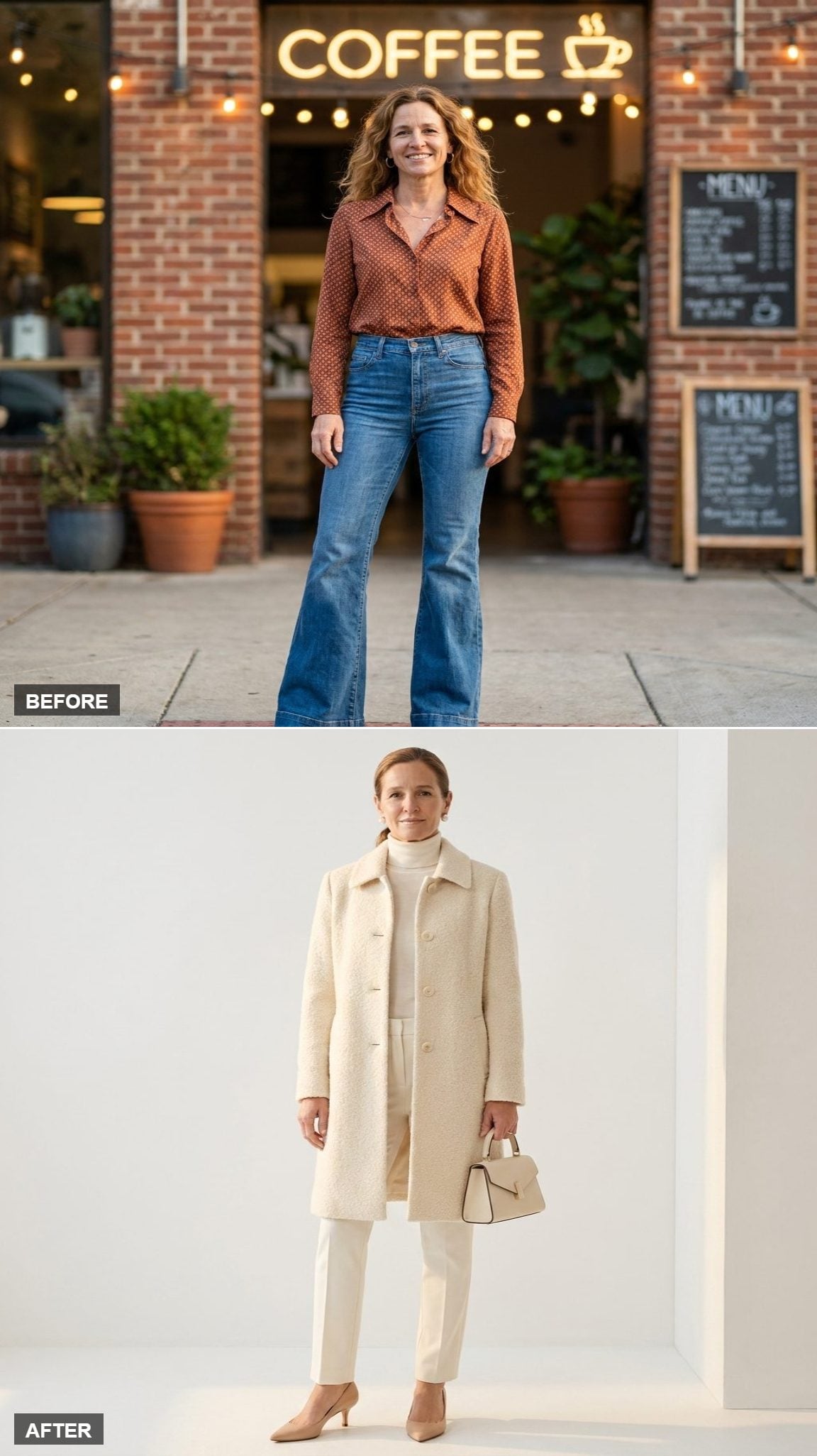 Winter White Moment in a Cream Bouclé Coat, Slim Ivory Trousers, and Pearl Earrings
