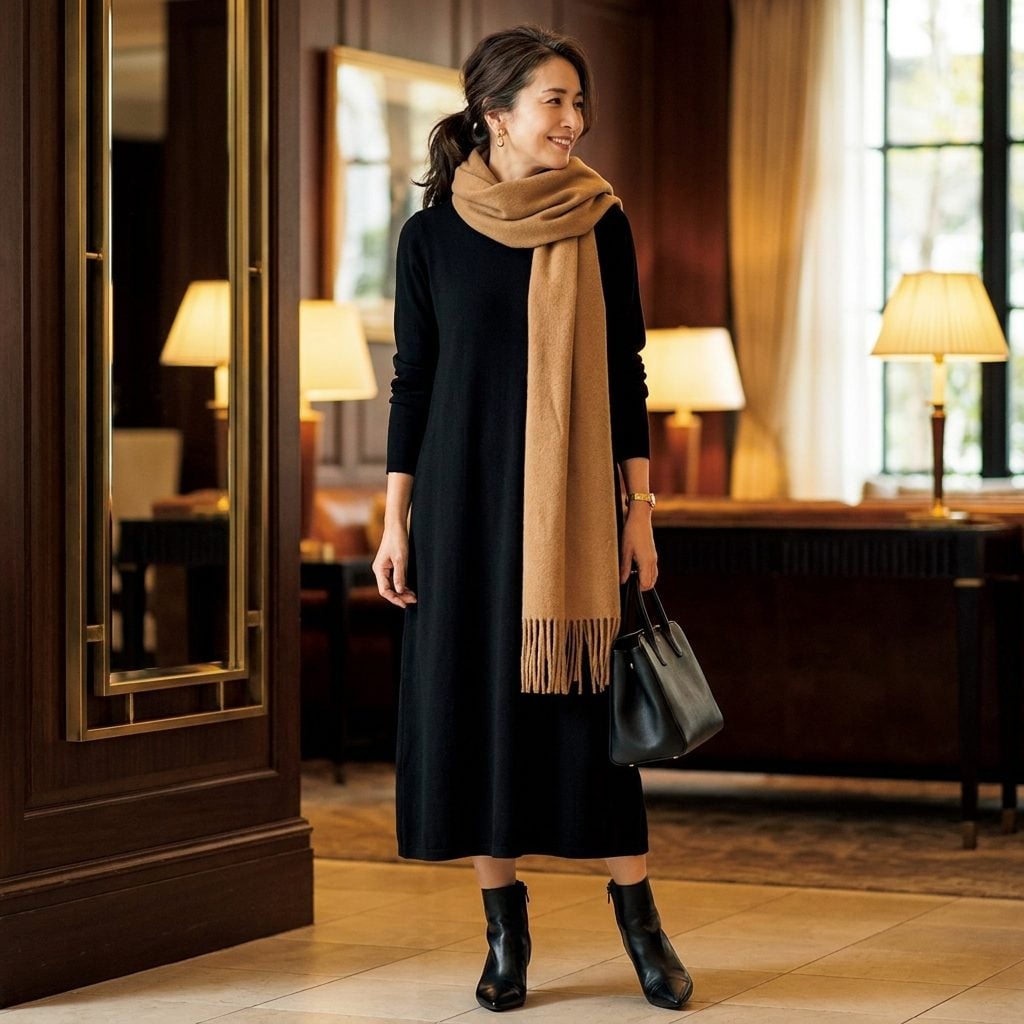 Wrap a Long Camel Scarf Twice Around the Neck and Let It Fall Past the Hem