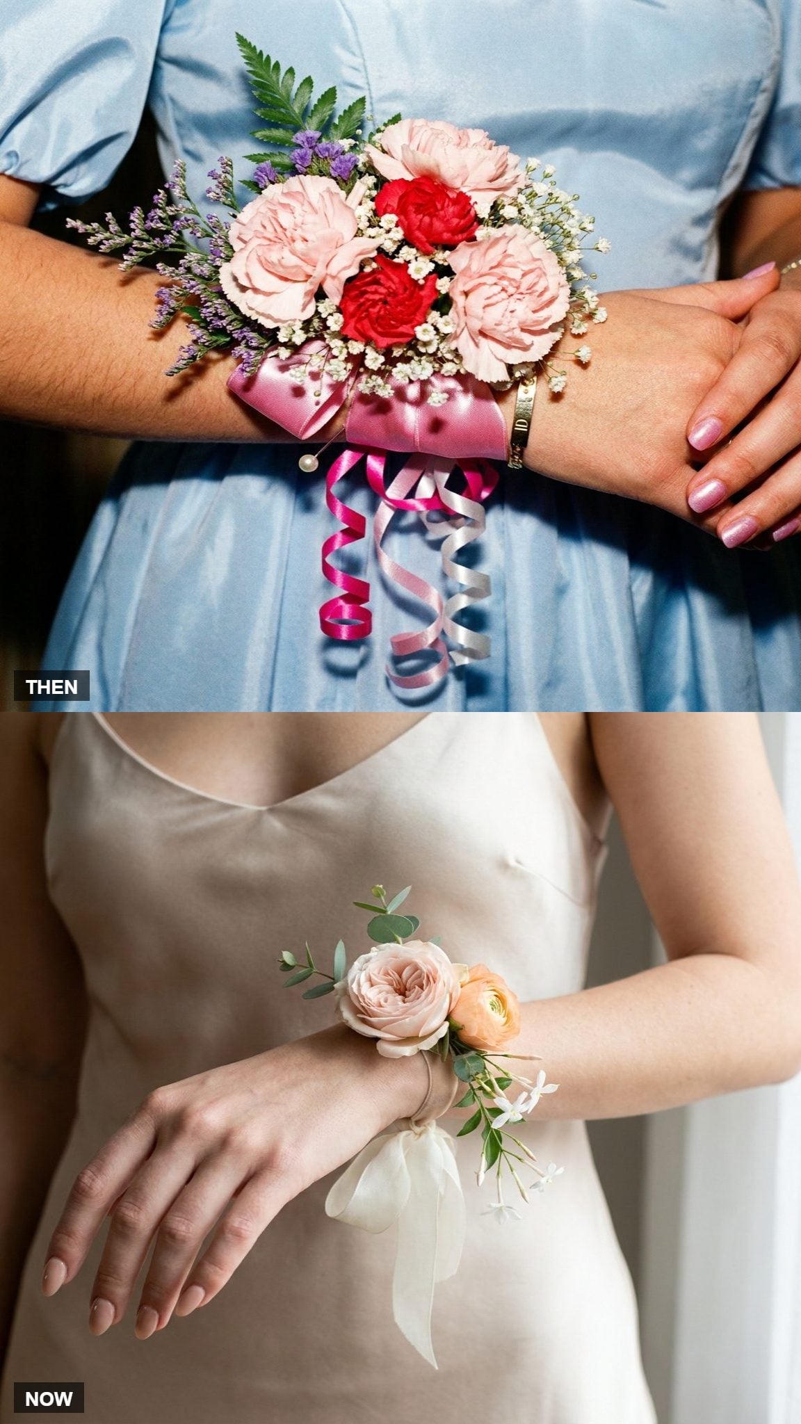 Large 1980 wrist corsage compared with a smaller modern arrangement