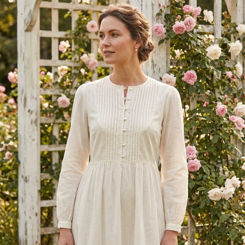 Cream prairie dress with pintucked bodice and pearl-like buttons
