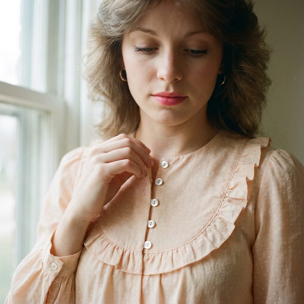 Peach prairie dress with dotted texture and curved ruffled yoke