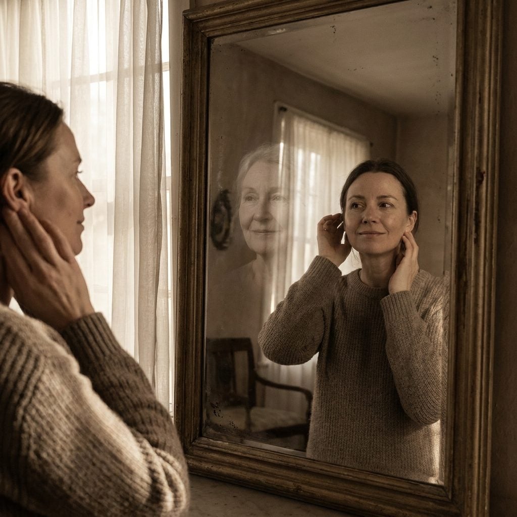 You Catch Your Own Reflection Mid-Getting-Ready and See Her Standing There