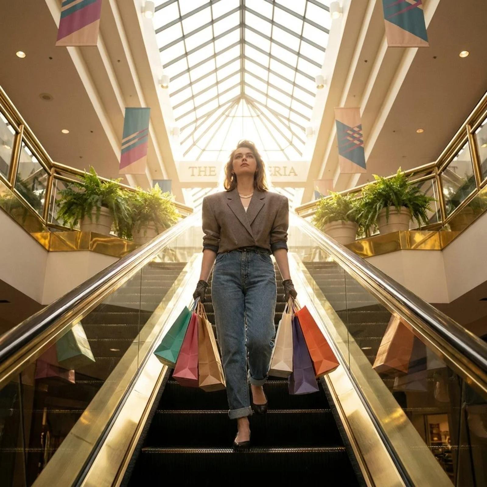 Teen shopper riding a mall escalator with shopping bags in both hands