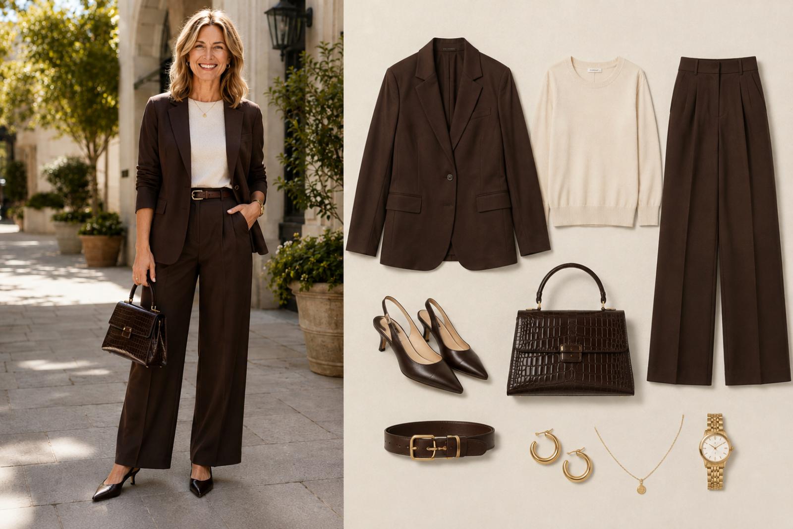 Chocolate Brown Tonal Tailoring — Fall 2026 outfit moodboard for women 45+