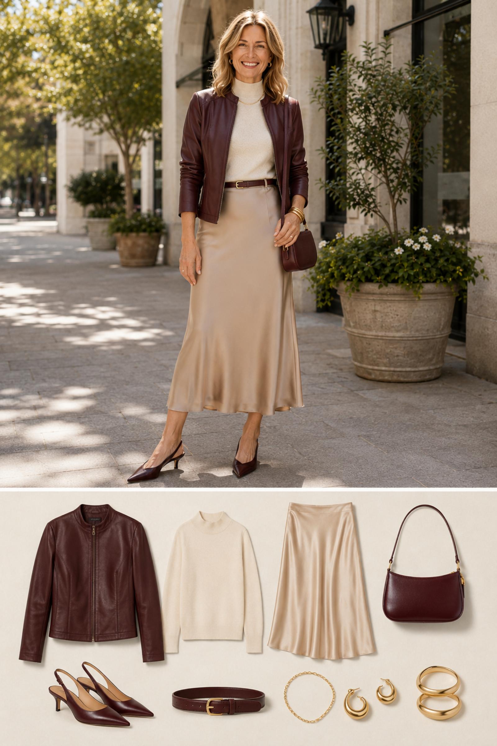 Burgundy Leather Satin — Fall 2026 outfit moodboard for women 45+