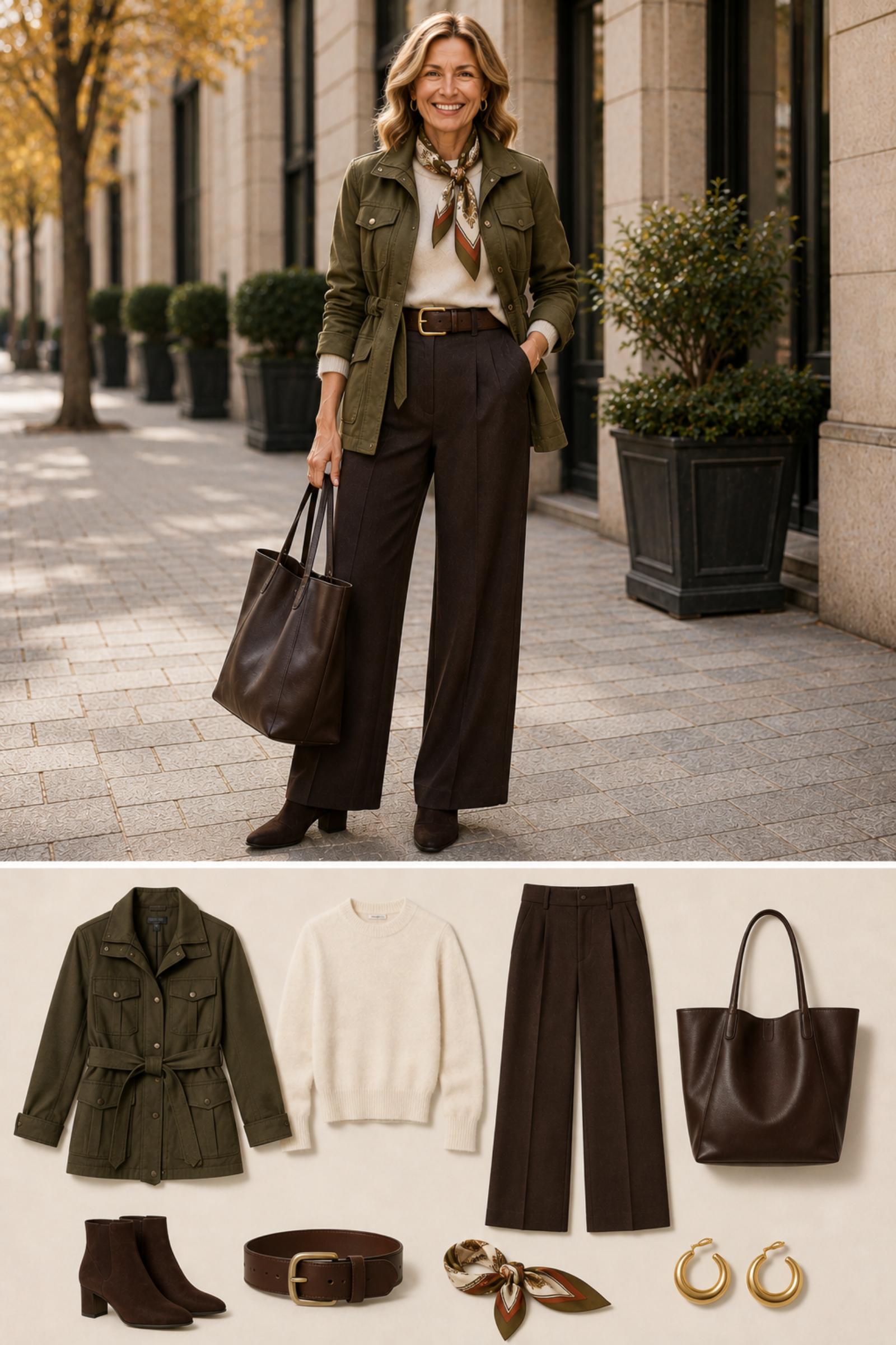 Elevated Army Green — Fall 2026 outfit moodboard for women 45+