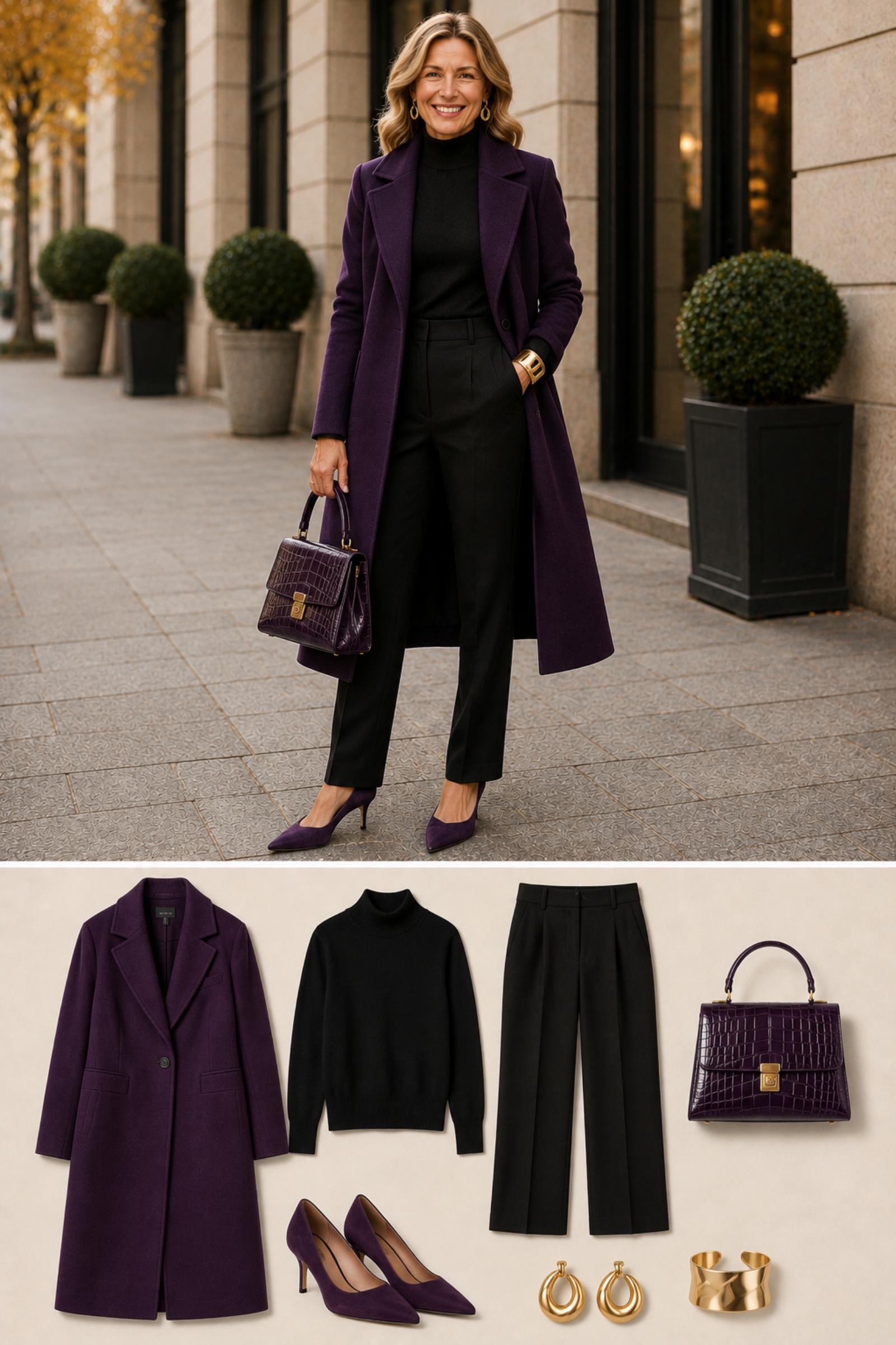 Deep Violet Statement Coat — Fall 2026 outfit moodboard for women 45+