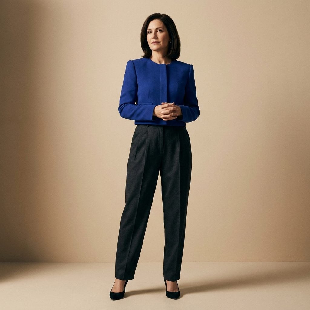 Cobalt Cropped Jacket + High-Waisted Charcoal Pleated Trousers