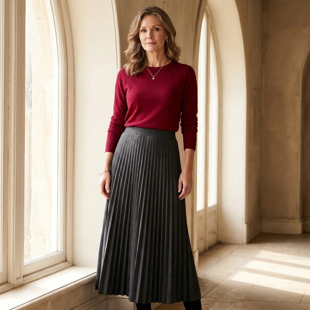 Ruby Knit + Long Charcoal Pleated Skirt