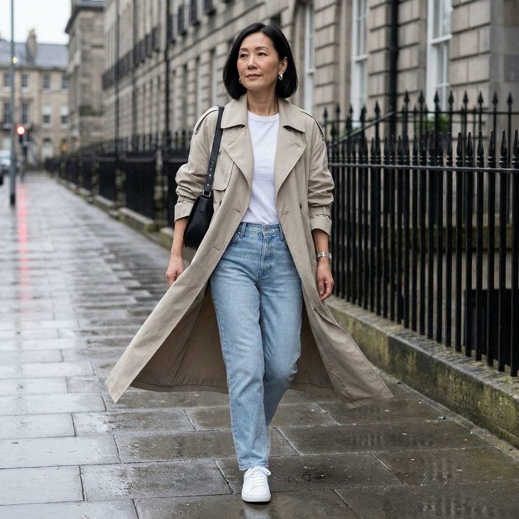 Under an Oversized Trench With White Sneakers Peeking Out